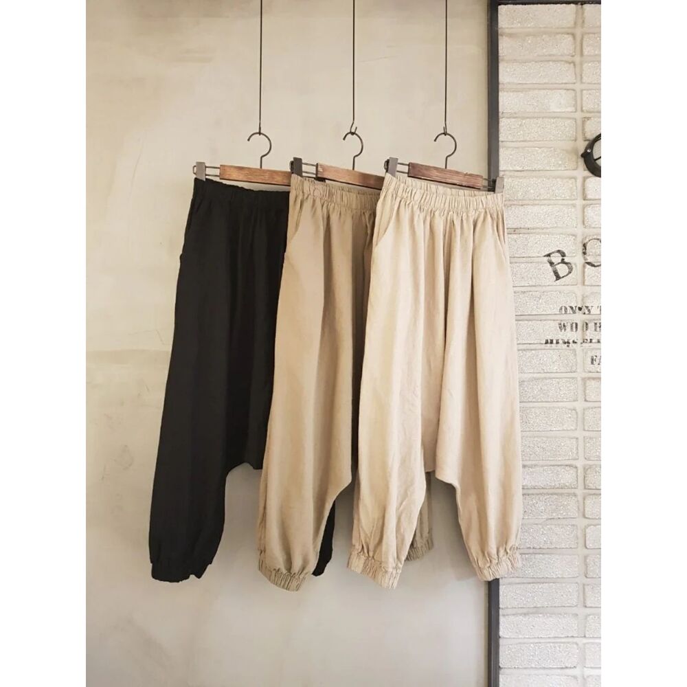 POLYGONAL FOREST o/s linen drop crotch lagenlook jobber baggy harem tan pants